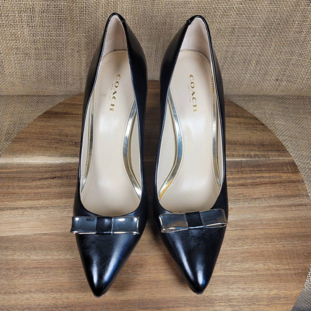 Coach Pointed Toe Leather Pumps Black Kitten Bow Stiletto Heels Women's Size 8B - Picture 3 of 9
